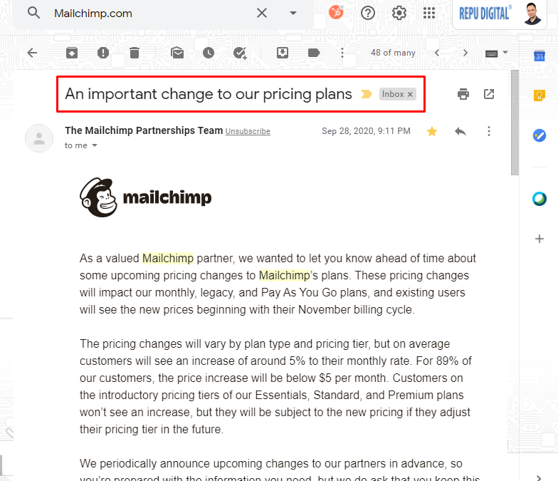 Mailchimp thay đổi bảng giá, tăng giá từ T10-2020-03