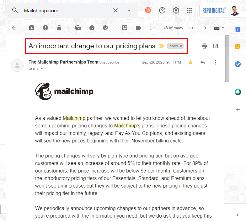 Mailchimp thay đổi bảng giá, tăng giá từ T10-2020-03