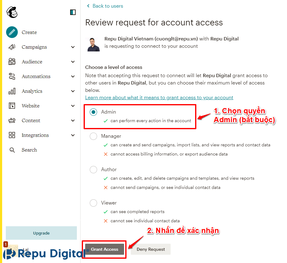 Xác nhận phân quyền hỗ trợ tài khoản Mailchimp cho Repu Digital - Bước 3